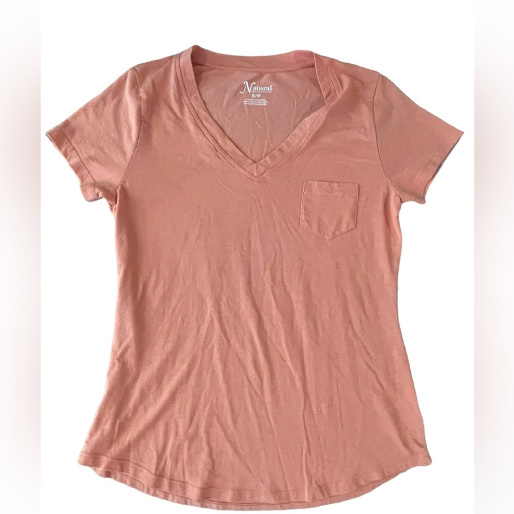 Natural Reflections Women’s Peach Color V-Neck Breast Pocket Size S T-Shirt